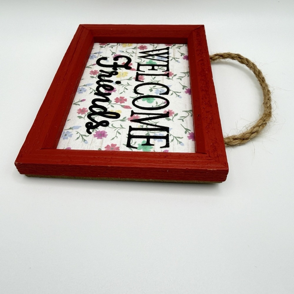 Rustic Welcome Friends Wooden Sign Floral Wall Decor Red Frame‎ Rope Hanging - Picture 3 of 10
